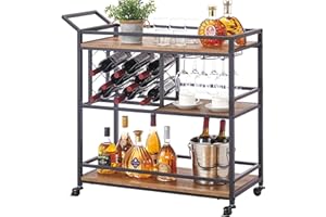 FATORRI Bar Cart for The Home, Rolling Wine Carts on Wheels with 3 Tier Wood Shelves, Liquor Beverage Cart with Wine Rack and Glass Holder (Rustic Oak)