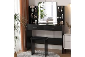 SMOOL Vanity Desk with Lighted Mirror - Makeup Vanity Table with 3 Color Light Options Adjustable Brightness, Vanity with 6 Storage Shelves, 2 Large Drawers, Vanity Set for Girls Women, Black