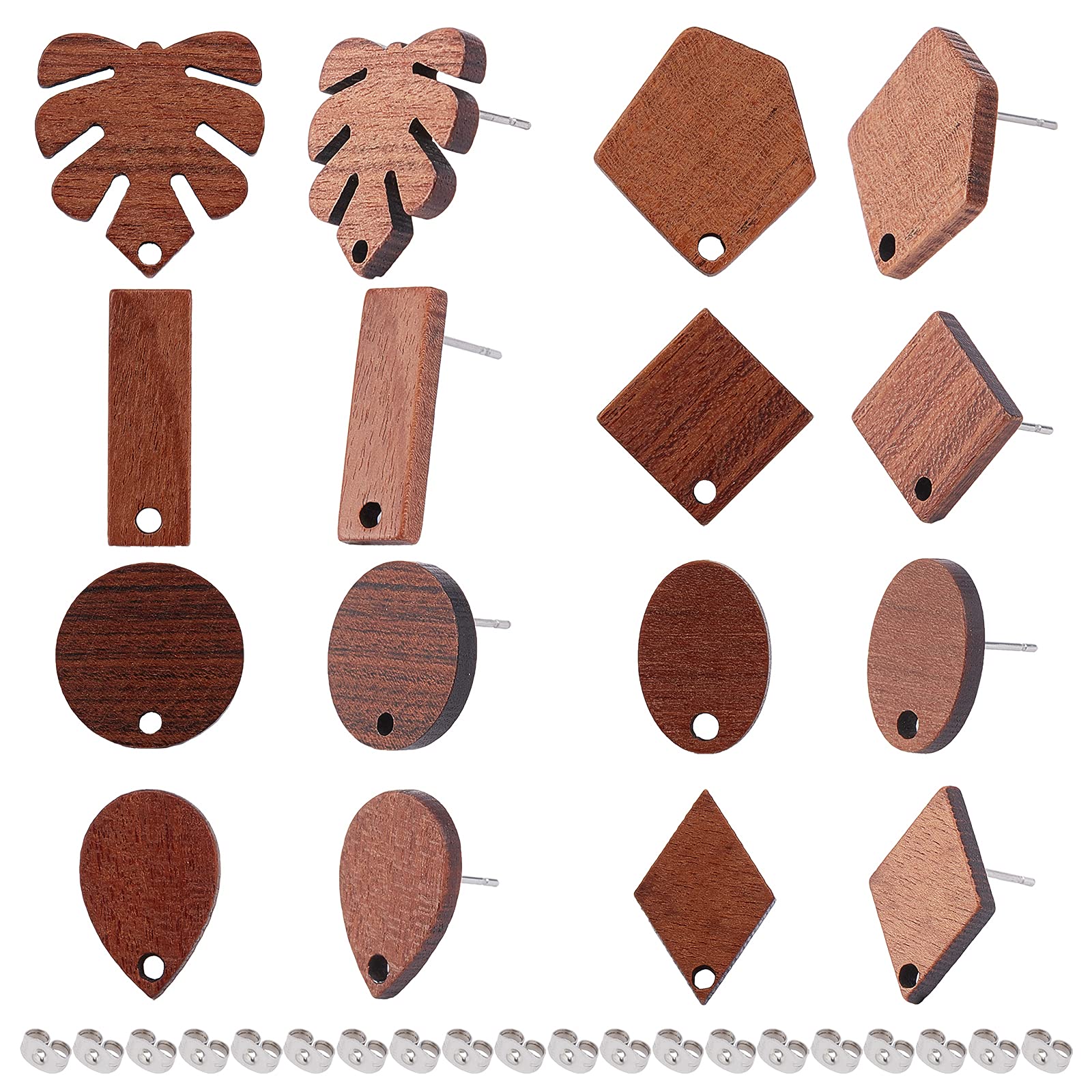 SUNNYCLUE 1 Box 8 Pairs Wood Stud Earrings Flat Back Mixed Shapes Wooden Charms Monstera Leaf Oval Teardrop Flat Round Rectangle Brown Walnut with Stainless Steel Ear Nuts for Women Jewelry Supplies