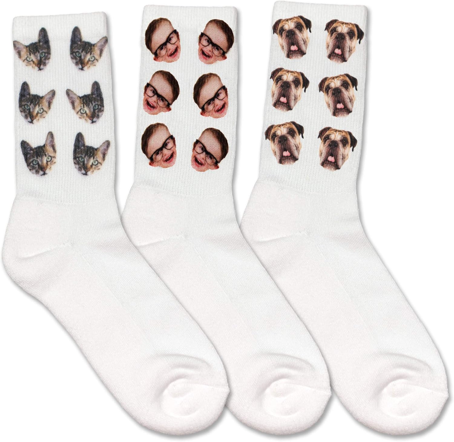 Amazon Com Custom Print A Pet Or Person S Face On A Pair Of Crew Socks Printed On Both Sides Of The Socks Available In 4 Sizes Clothing