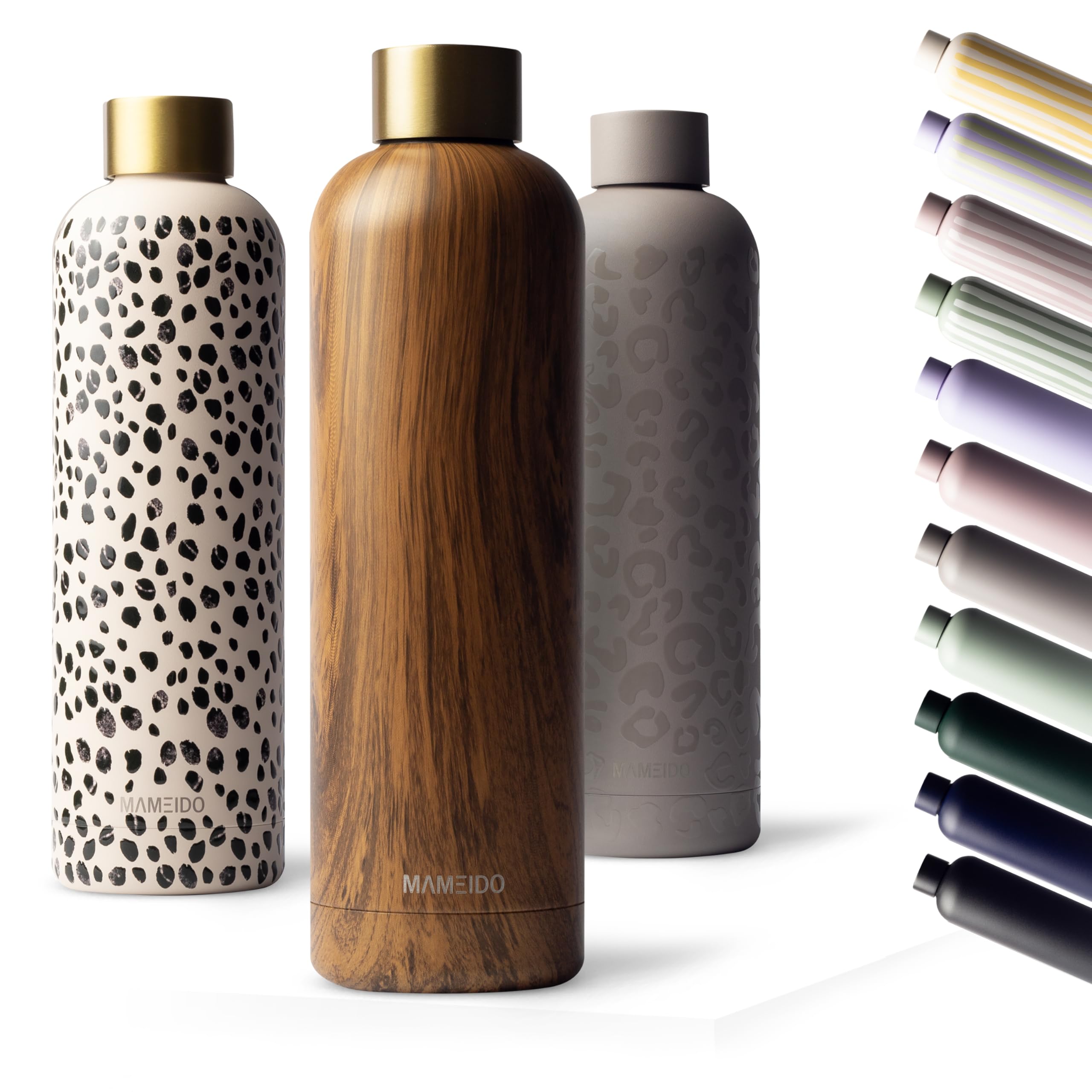MAMEIDO Insulated Water Bottle 1 l, Leak-Proof 18/8 Stainless Steel Thermo Flask, Suitable for Carbonated Drinks, BPA-Free (Oak Wood Gold)