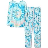 Tebbis Trendy Tie Dye Blue Swirl Pajamas for Girls 2-Piece Soft Long Sleeve & Pants PJ Set Jammies Size 6-18
