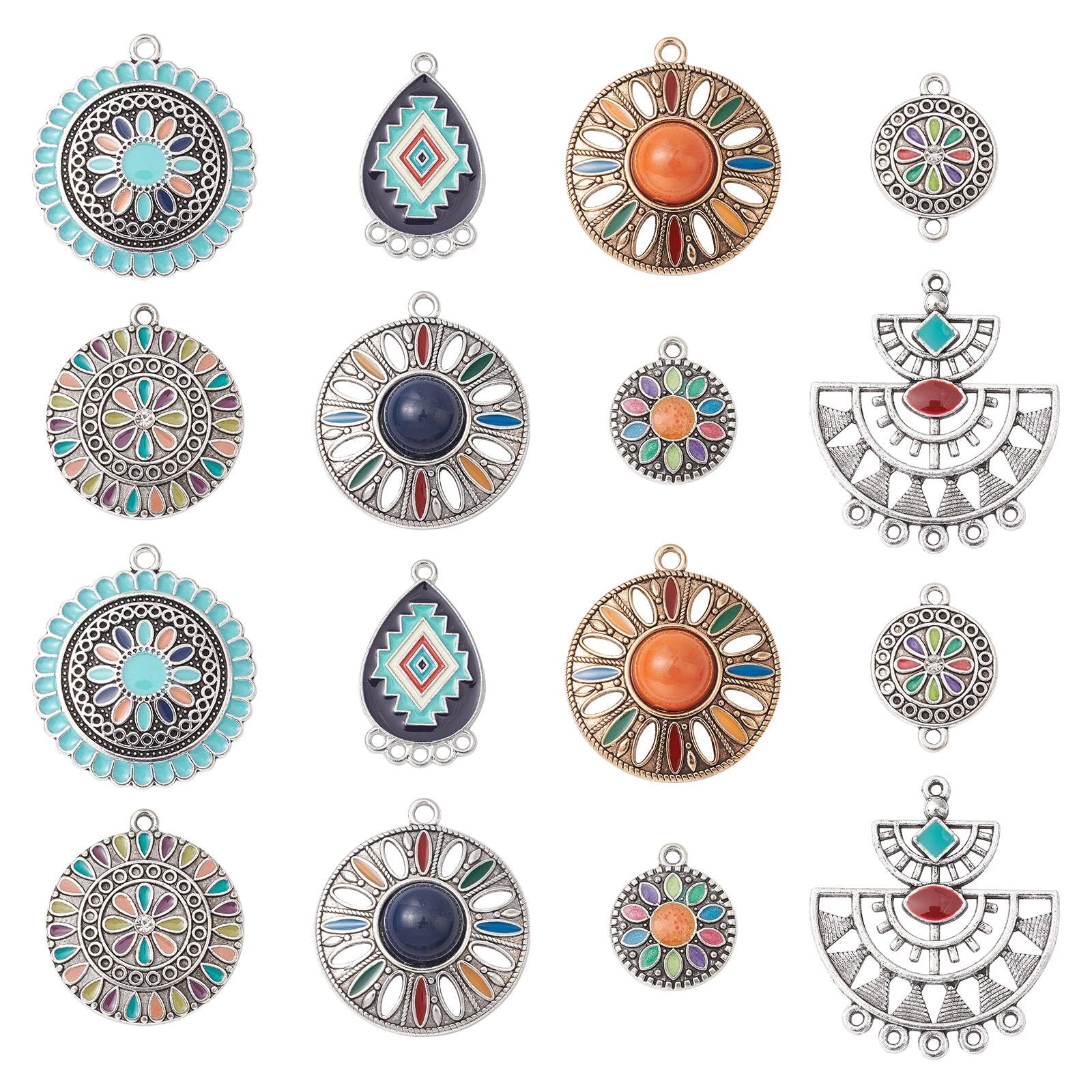 Airssory 16 Pcs 8 Styles Antique Ethnic Style Enamel Chandelier Charms Pendant Components Links for Earrings DIY Necklace Jewelry Making