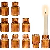 Glasseam Glass Candle Holders for Candlesticks: 10PCS Small Amber Candle Stick Holder Decor Ribbed Taper Candle Holder for Table Centerpiece Fall Candle Holders for Christmas Halloween Thanksgiving