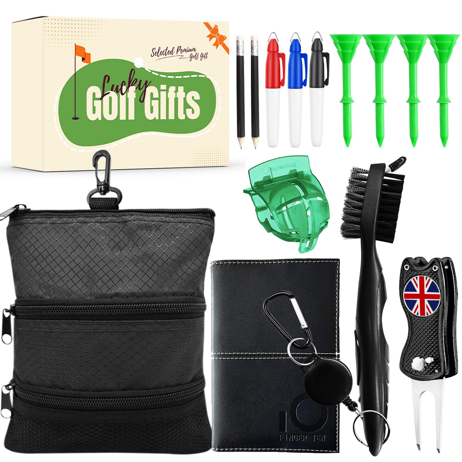 FINGER TEN Golf Gifts Set for Men Women Mulitifunctional Golf Accessories Box, Golf Scorecard Holder, Golf Pouch Bag, Golf Club Brush Ball Liner, Foldable Divot Repair Tool, Golf Tees (6 Pieces)