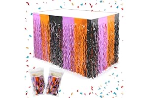 COFASHION 2 Pack Halloween Metallic Tinsel Foil Fringe Table Skirt, Orange Purple Black Table Skirt Rainbow Wavy Circus Tablecloth or Carnival Table Cloth Set for Memorial Day,Labor Day Theme Party Decorations