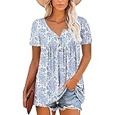 Mystry Zone Womens Henley V Neck Casual Blouse Button Down T Shirts Flare and Flowy Tops