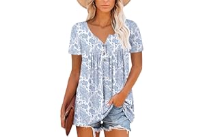 Mystry Zone Womens Henley V Neck Casual Blouse Button Down T Shirts Flare and Flowy Tops