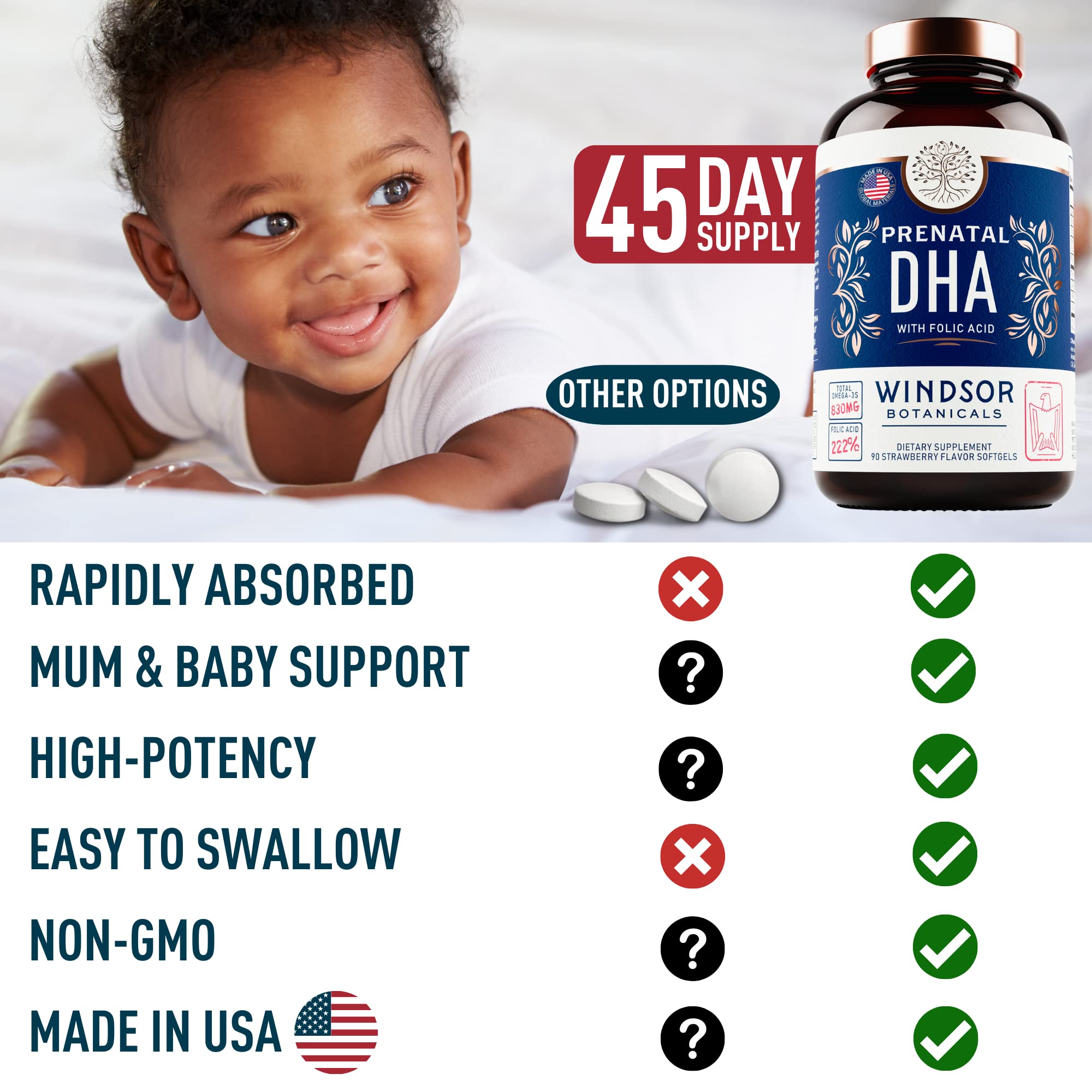 Prenatal DHA and Folic Acid - 830mg Omega-3 (DHA + EPA Fish Oil), 800mcg Folic Acid - High-Potency Prenatal Vitamins for Women - Supports Fetal Development & Baby’s Brain - 90 Strawberry Softgels
