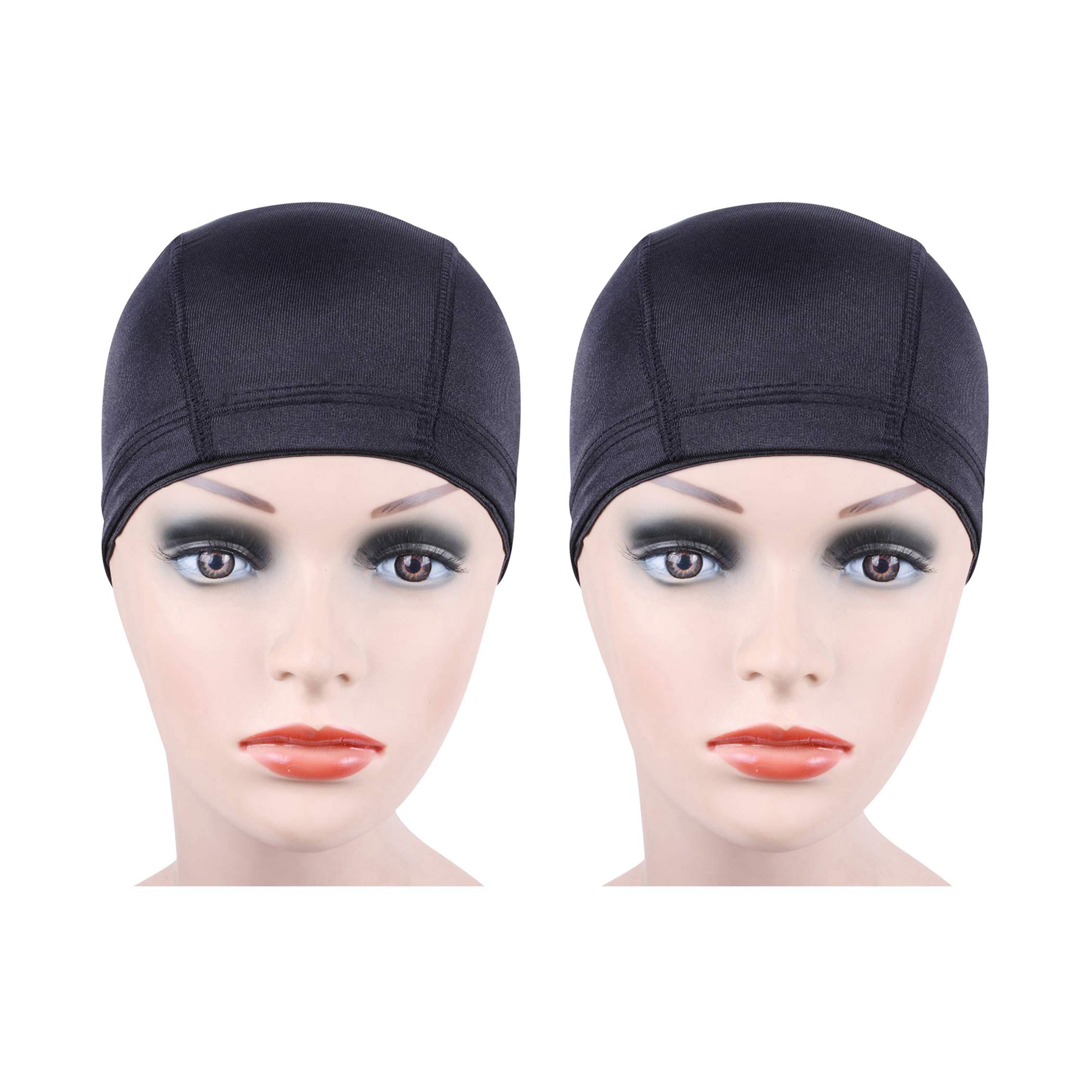 2 pcs Black Dome Cap for Wig Making Stretchable Hairnets with Wide Elastic Band (L)