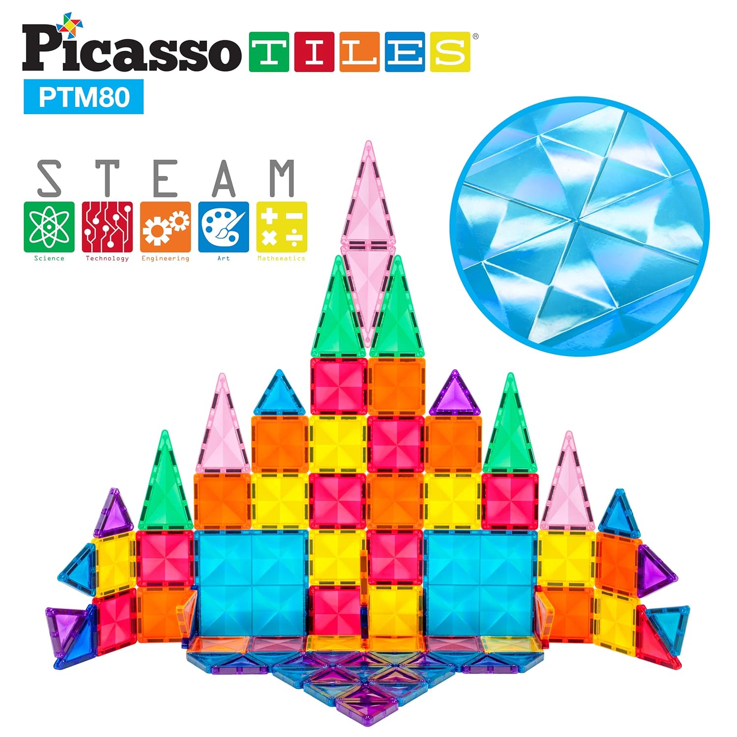 PicassoTiles 80 Piece Magnetic Building Block Mini Diamond Series Travel Size On-The-Go Magnet Construction Toy Set STEM Learning Kit Educational Playset Child Brain Development Stacking Blocks PTM80