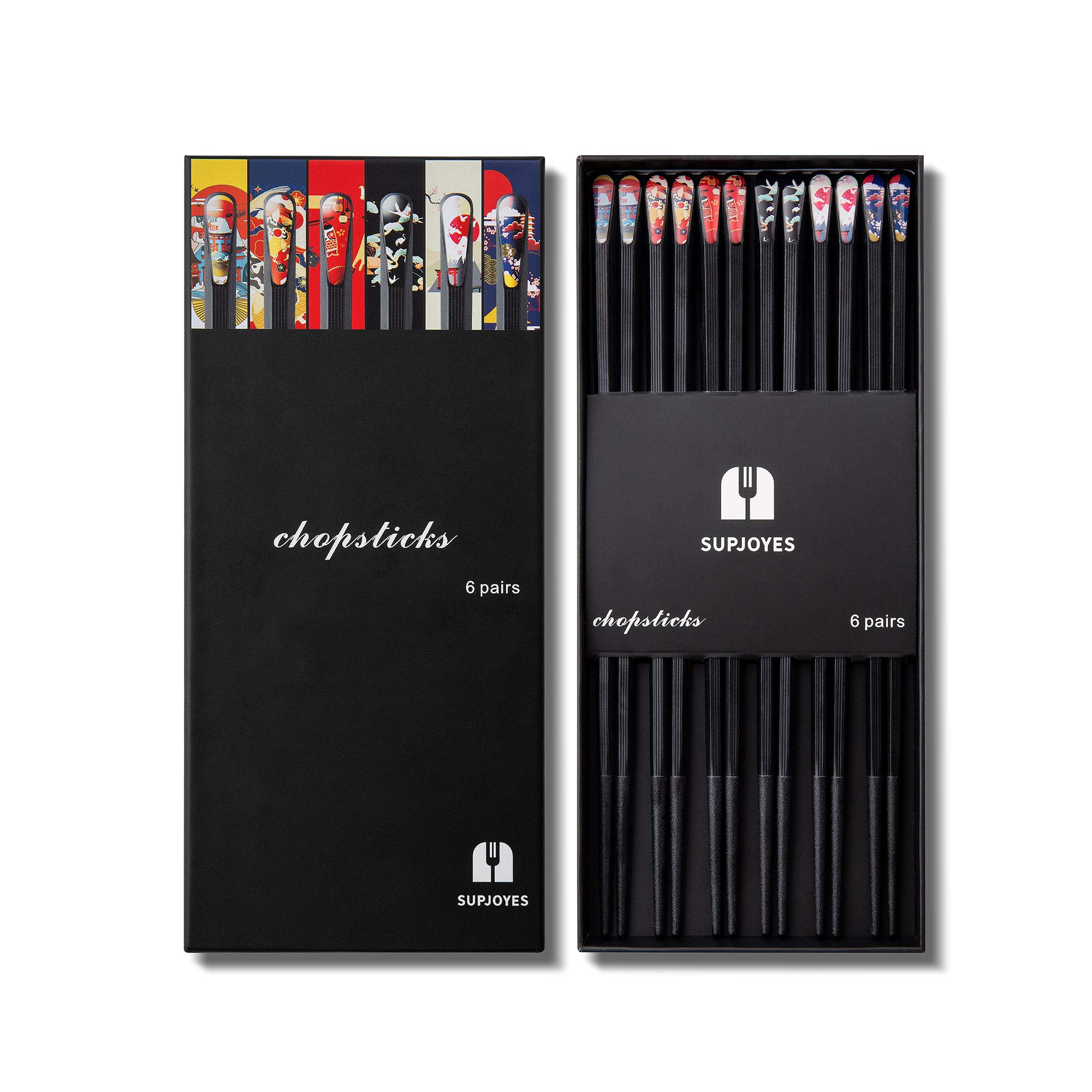 SUPJOYES 6-Pairs Fiberglass Chopsticks: Reusable Japanese Chopsticks Dishwasher Safe, 9 1/2 Inches, Gift Set with Different Asian Pattern, Non-Slip Chop Sticks