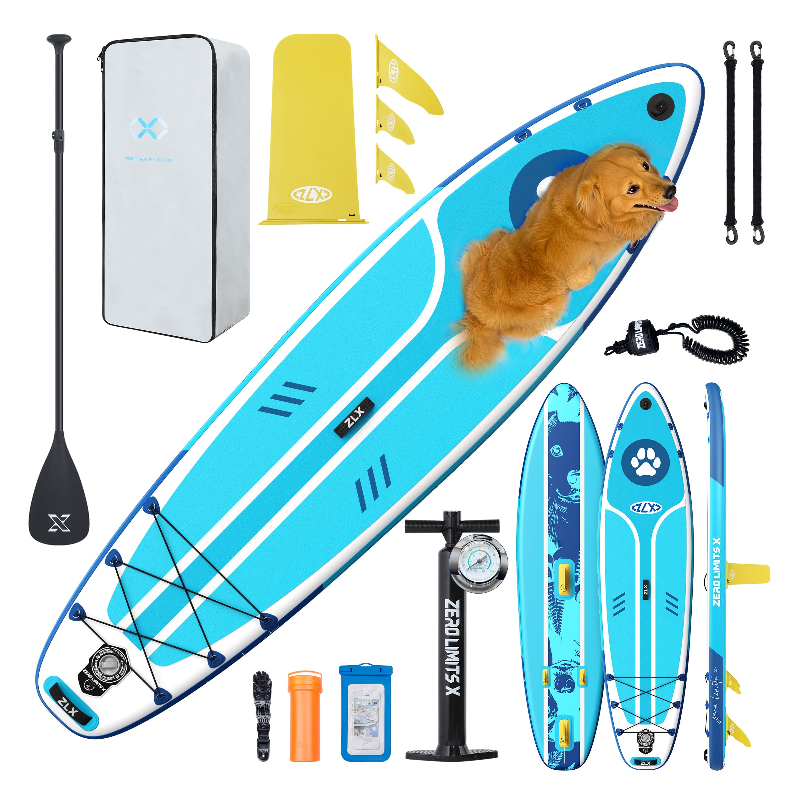 ZLX Inflatable Stand Up Paddle Board, 10'6" SUP Non-Slip Stable Deck Pad, Unique Center Fin, Premium Accessories, Portable Paddleboard for Adults, Beginners, All Skill Levels (Light Blue Dog Friendly) Image ZLX Inflatable Stand Up Paddle Board, 10'6" SUP Non-Slip Stable Deck Pad, Unique Center Fin, Premium Accessories, Portable Paddleboard for Adults, Beginners, All Skill Levels (Light Blue Dog Friendly) Image