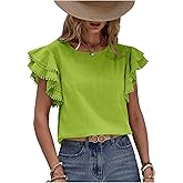 Floerns Women's Solid Butterfly Cap Sleeve Crewneck Contrast Lace Blouse Top