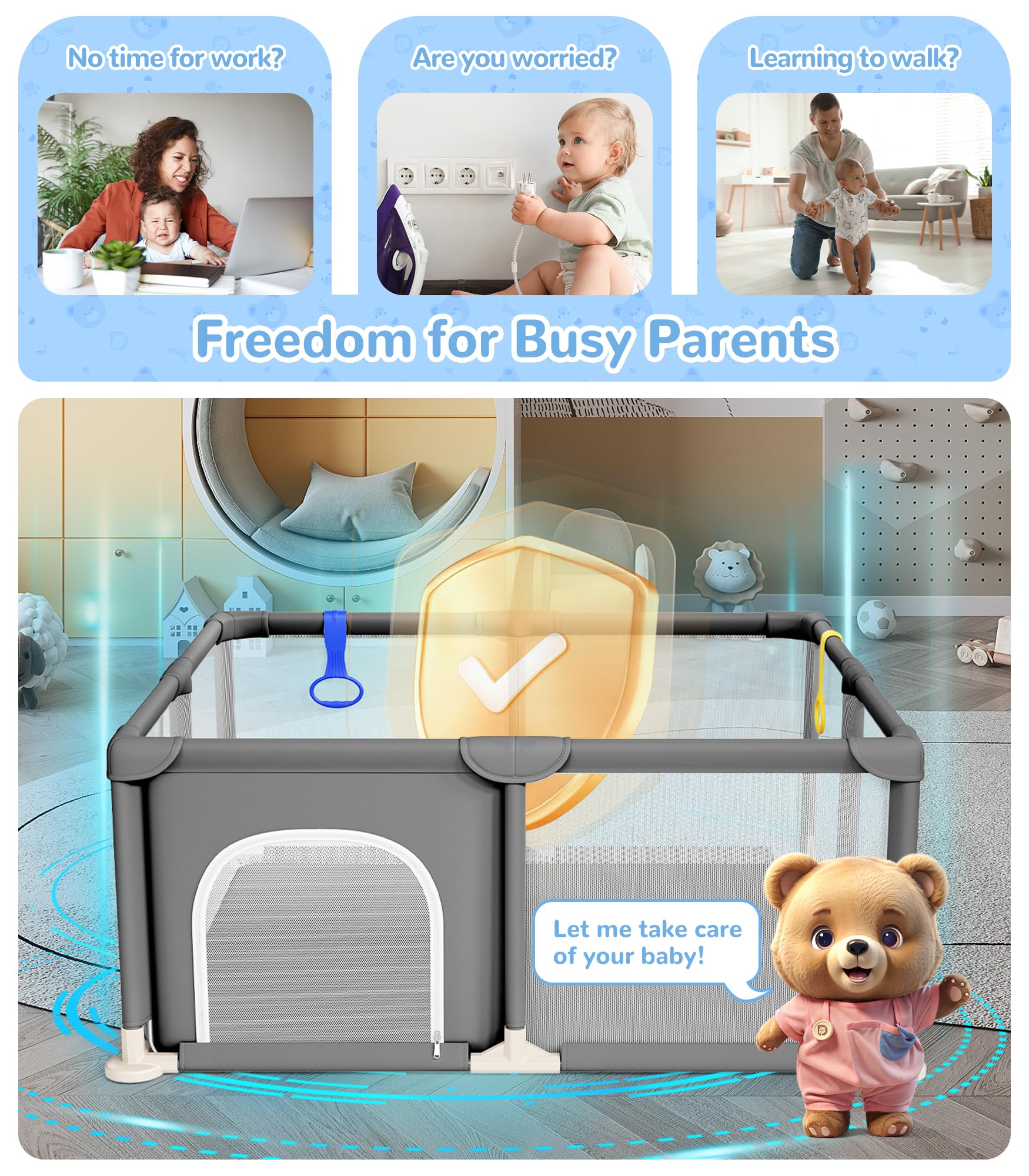 Dripex Baby Playpen, 47×47 Inch Small Playpen for Babies, Enhanced Safety Baby Play Yard for Indoor & Outdoor, Infant Play Pen with Soft Breathable Visible Mesh, Anti-Fall Design & Easy Setup, Grey