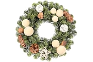 SY SUPER BANG Small Christmas Wreath, 13Inch Artificial Beige Velvet Ball Pine Cone Mini Wreaths for Front Door Christmas Decorations, for Indoor Outdoor Home Hoilday Party Xmas Wall Decor.