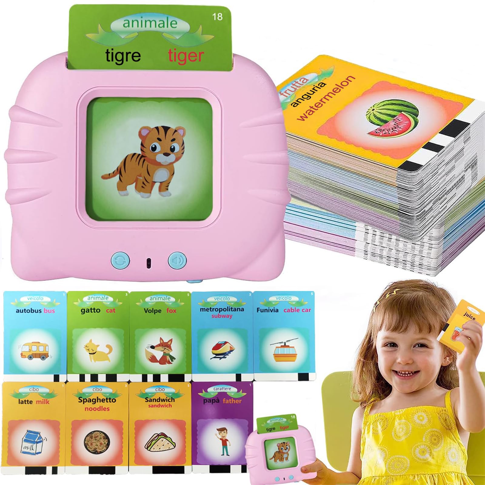 Afufu Talking Flash Cards for Toddlers 112 Sheets 224 Words, Audible Flashcards Montessori Early Educational Toys, Reading Machine Preschool Learning Gifts for Kids Girls 2 3 4 5 6 Years Old(Italian)