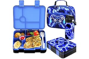 Bevalsa Kids Bento Lunch Box with 6 Compartment, Stainless Steel Metal Water Bottle, Insulated Bag & Utensils, BPA-Free Leakproof Food Container for School Boys Girls, Back To School Gift