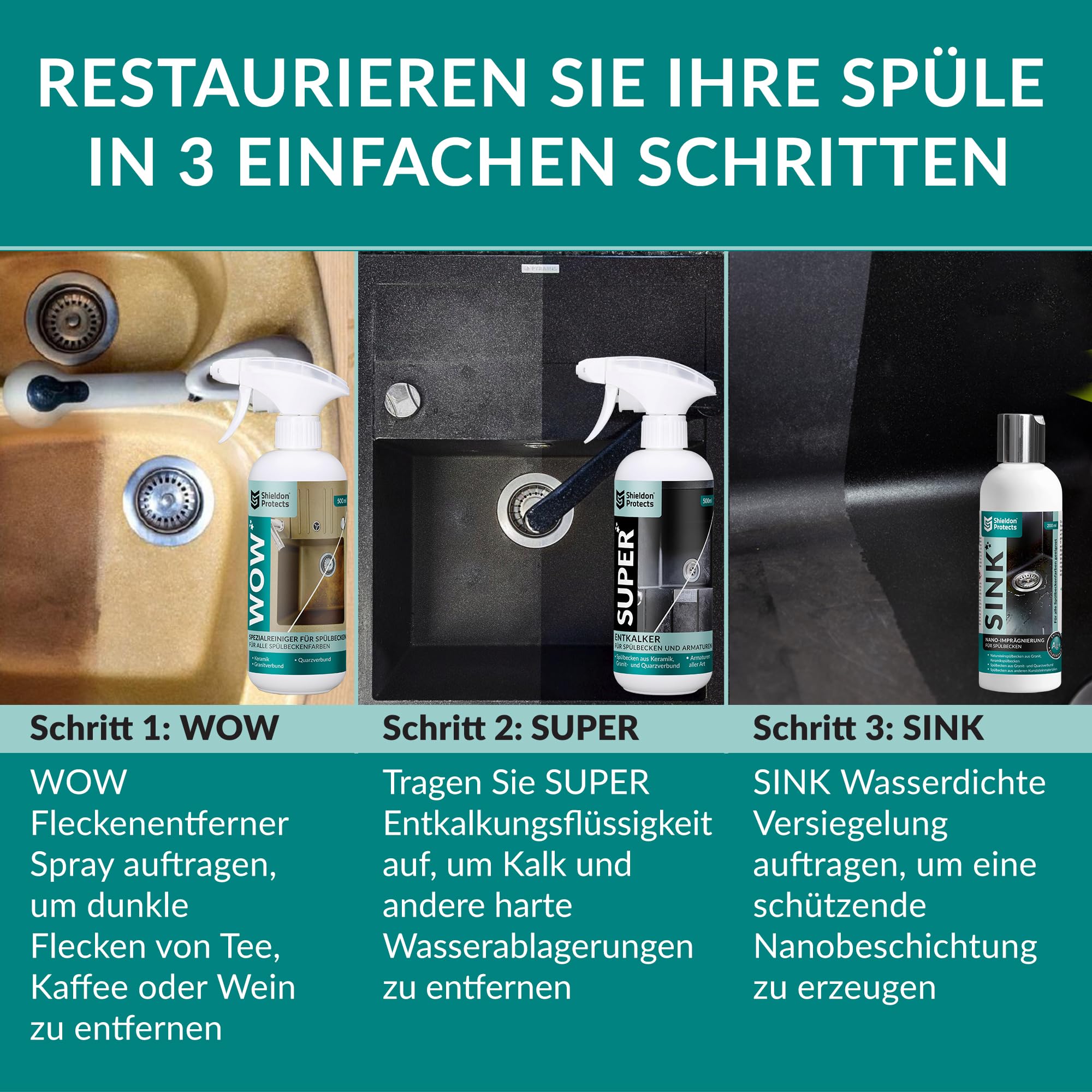 Shieldon Protects Sink Restorer Spüle Imprägnierung und Reinigung Set - Drei Reiniger für Küche Spüle + 2x Schwamm und Mikrofasertuch - Granit, Blanco, Silgranit Reiniger für Granitspüle 6