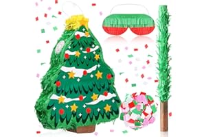 HyDren Christmas Tree Piñata Decorations 16 Inch Christmas Mexican Piñata with Stick Confetti and Blindfold Bundle for Xmas Favors Party Decor Holiday Photo Props Carnival Game Prizes (Red and Green)