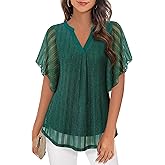 Timeson Women's Short Sleeve V Neck Blouses Shirts Floral Double Layers Mesh Tunics Tops