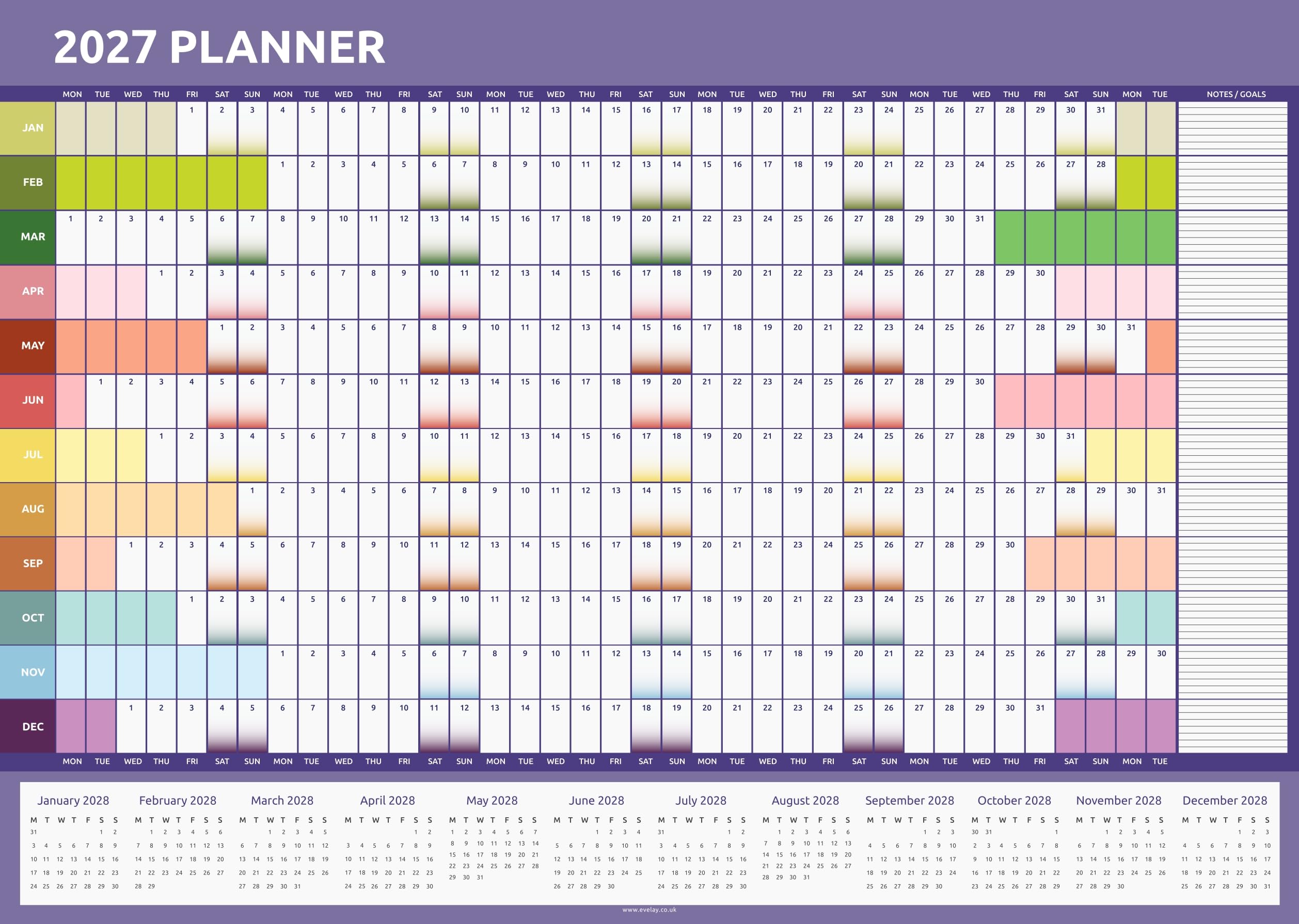 2027 Wall Planner A3 - Full Year to View 42cm x 29cm Family Yearly Wall Chart - UK Calendar for Home Office School Teacher (Rainbow)