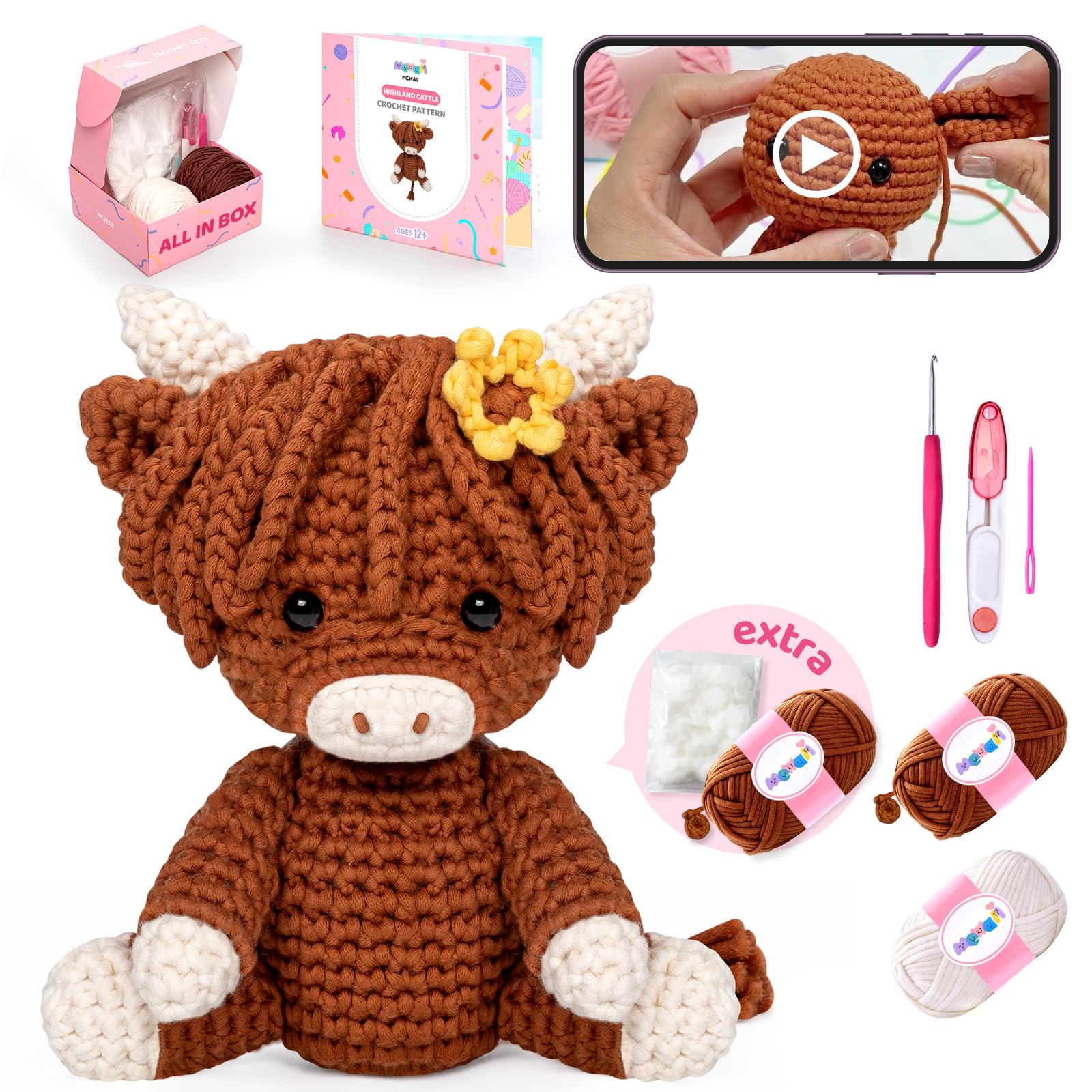 Mewaii Crochet Kit for Beginners Level 3 with 40% Extra Pre-Started Easy Yarn, Step-by-Step Video Tutorials for Adults and Kids (Highland Cattle)