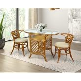 Borneo Compact Dining Set Colonial Color, Table with Glass Top + 2 Chairs with Cream Cushions, Handmade Natural Wicker Rattan Furniture