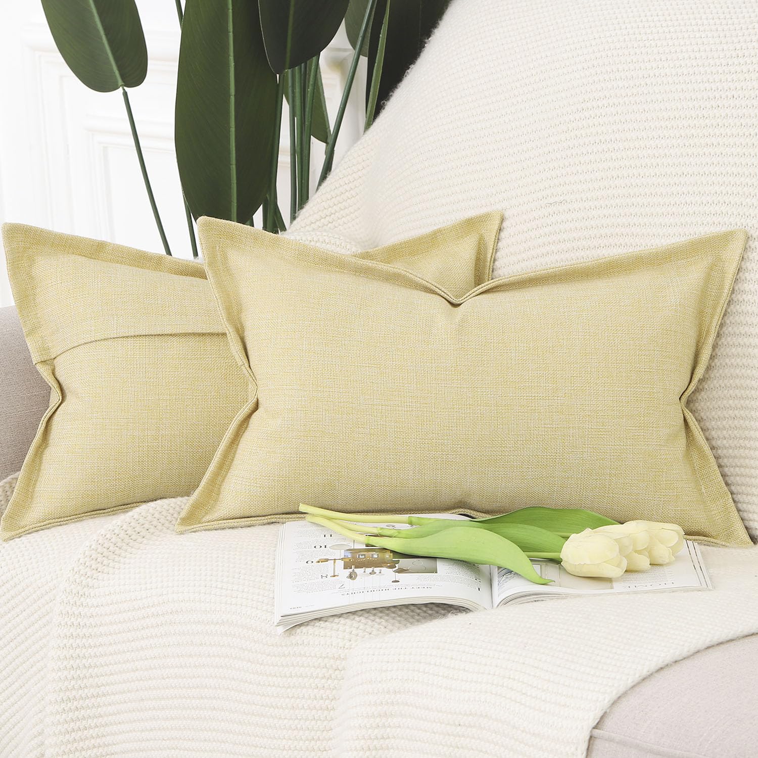 Madizz Set of 2 Faux Linen Cushion Covers with Broad Edge Soft Boho Decorative Pillow Cases for Sofa Bedroom Modern Pillow Shell 12x20 inch, 30x50 cm Light Yellow