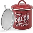 1.3L Bacon Grease Saver Container with Fine Strainer - Red Enamel & Stainless Steel Oil Keeper Can for Bacon Fat Dripping - Farmhouse Kitchen Gift & Decor Cooking Accessories - Dishwasher Safe