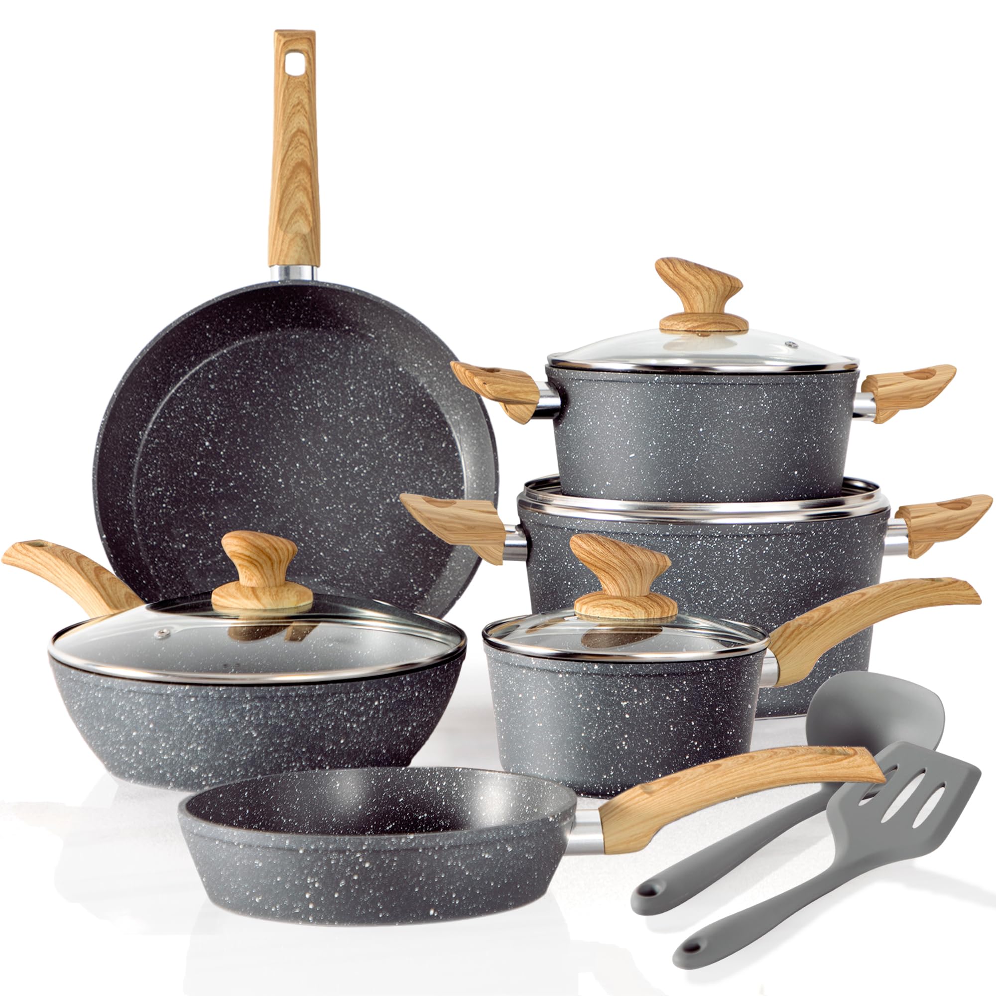 Kitchen Academy Induction Cookware Sets - 12 Piece Gray Cooking Pan Set ...