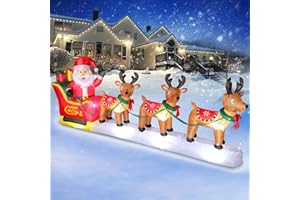 FunFanso 12FT Christmas Inflatables Santa Claus on Sleigh Outdoor Decorations, Blow Up 3 Reindeers Pulling Santa's Sleigh with Gift Boxes, Built-in LED Lights for Xmas Party Decor Yard Garden Lawn