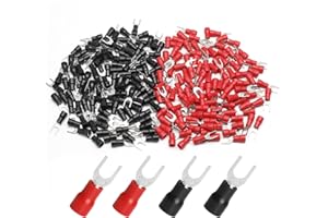 Litoexpe 200 Pcs 16-14 AWG Insulated Fork Spade Wire Connector, U Type Electrical Crimp Terminals Stud Size #8 (100 Pcs Red +100 Pcs Black)