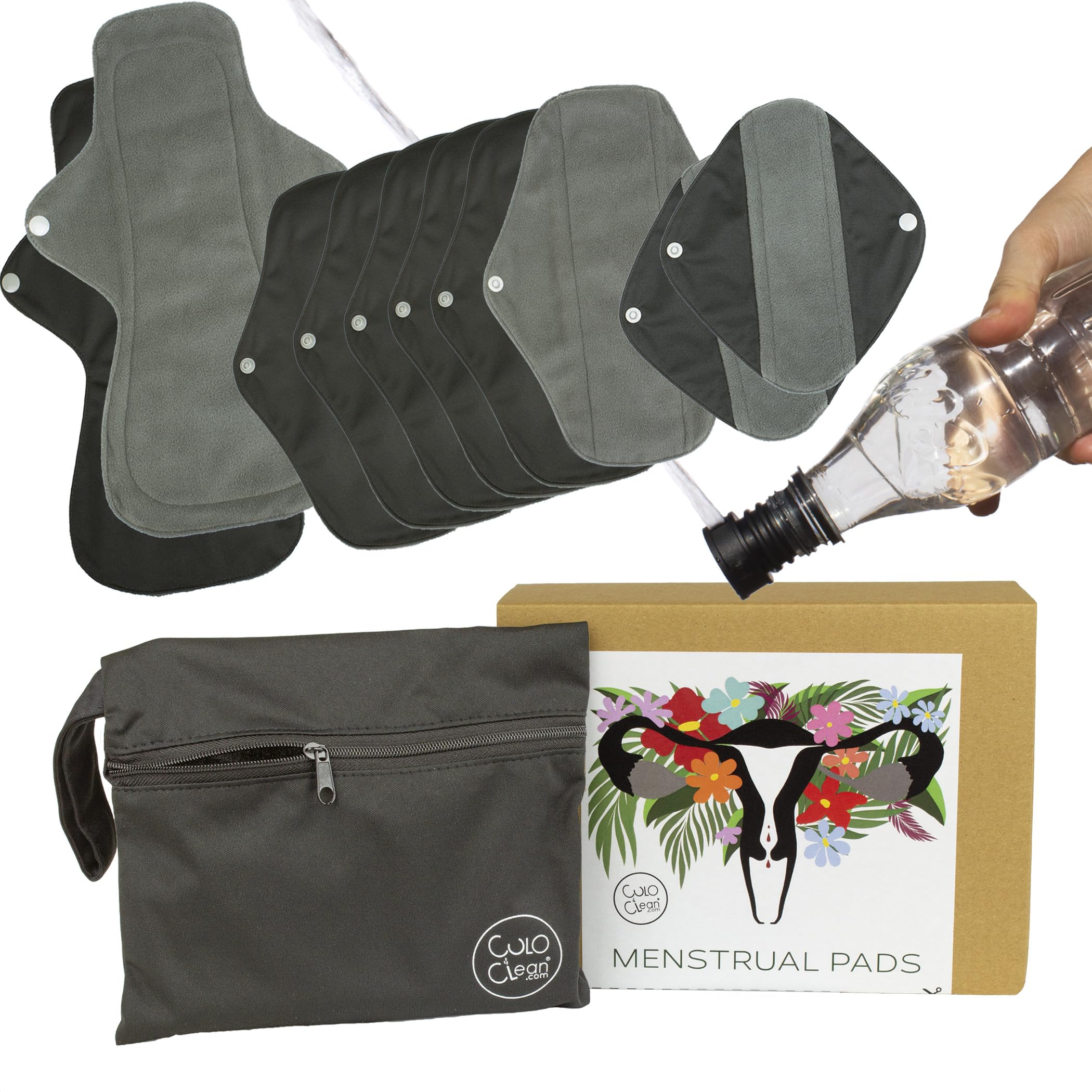 CuloClean Reusable Sanitary Pads. Bamboo Charcoal Menstrual Towels for Women. Includes Wet Bag and Portable Bidet. (2 Small + 6 Medium + 2 Large, 10, Count)