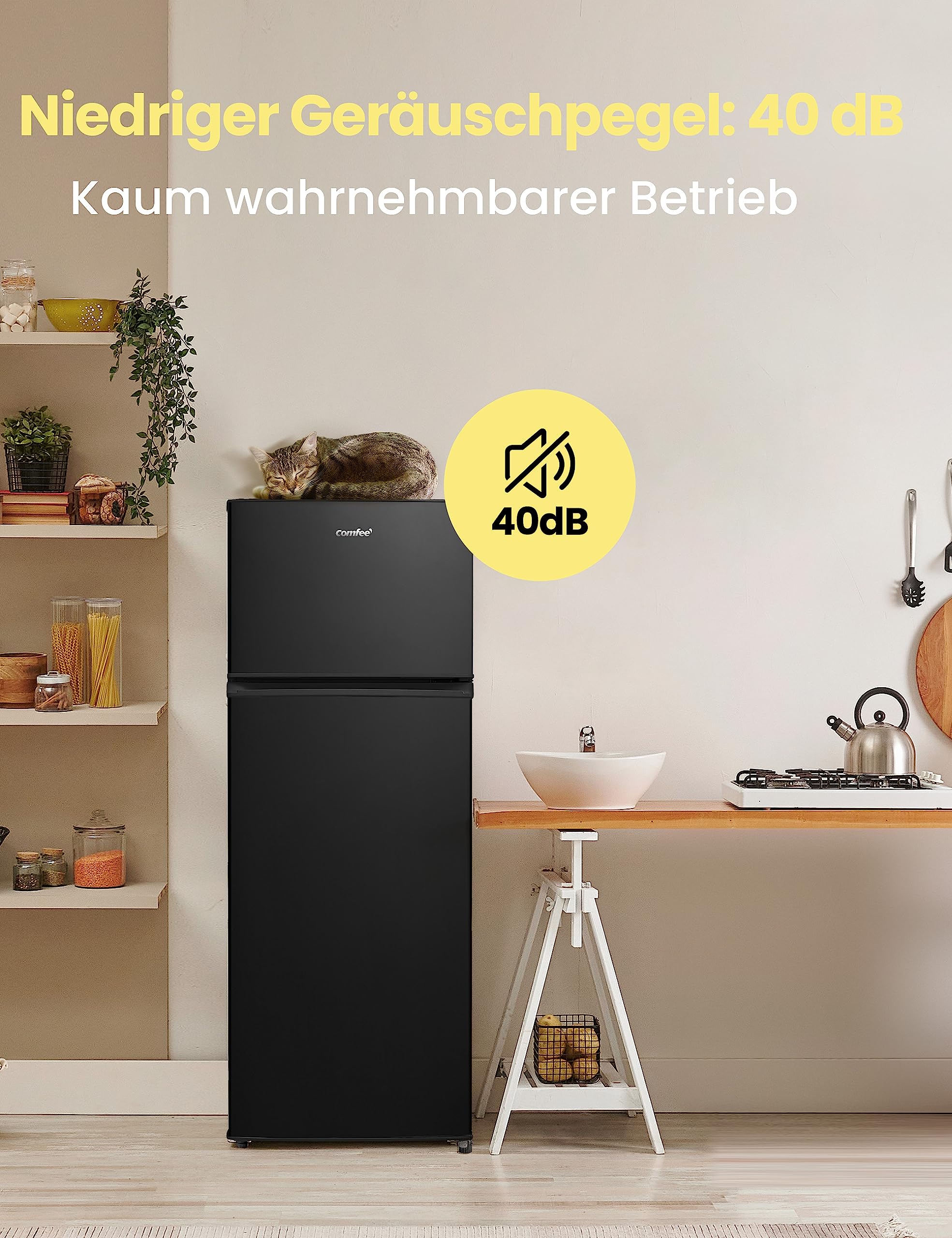 Comfee RCT284DK2A Kühl-/Gefrierkombination/Gefrierteil oben/176 kWh/Jahr/143cm Höhe/LED Licht/Reversibles Türscharnier/Schwarz 4