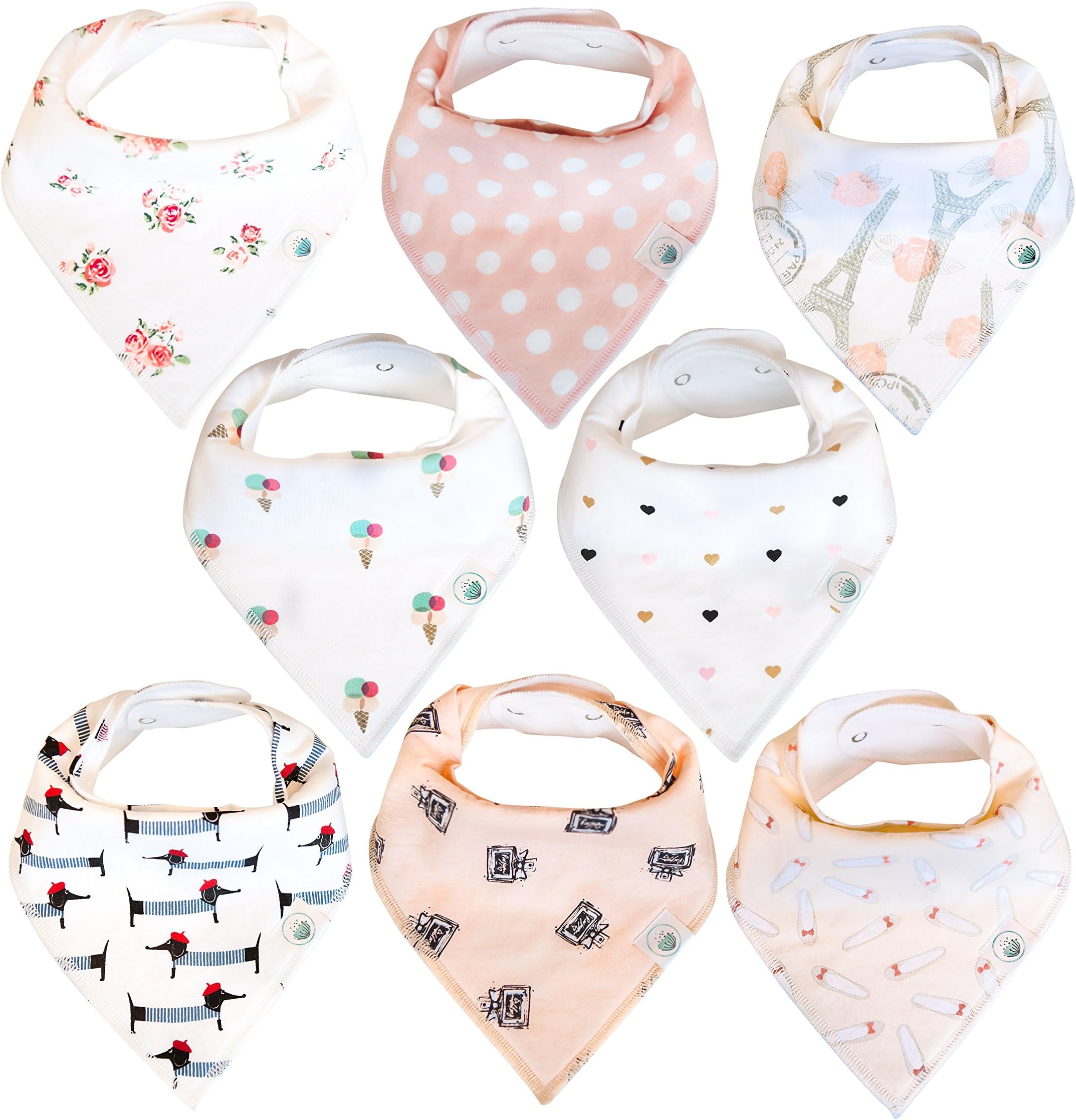 Baby Bandana Drool Bibs 8 Pack for Girls, Hypoallergenic Soft Organic Cotton with Snaps for Teething Drooling, Baby Shower Gift for Girl, Newborn Registry Must Haves, Burp Cloth, Pink Blush Rose