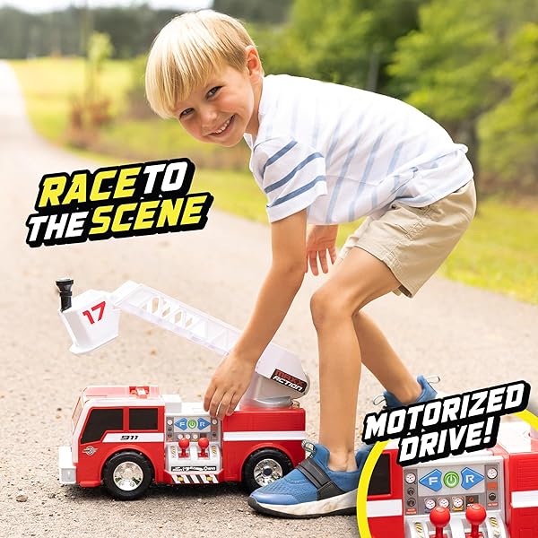 MAXX ACTION 2-N-1 FIRETRUCK WITH JOYSTICK CONTROLS, LIGHTS, SIREN SOUNDS, MOTORIZED MOVEMENT, AND 360° SPINNING LADDER – 16-INCH RESCUE TOY VEHICLE FOR KIDS