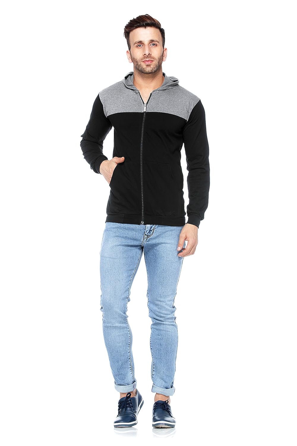 v3squared men's cotton full sleeve zipper hooded t-shirt