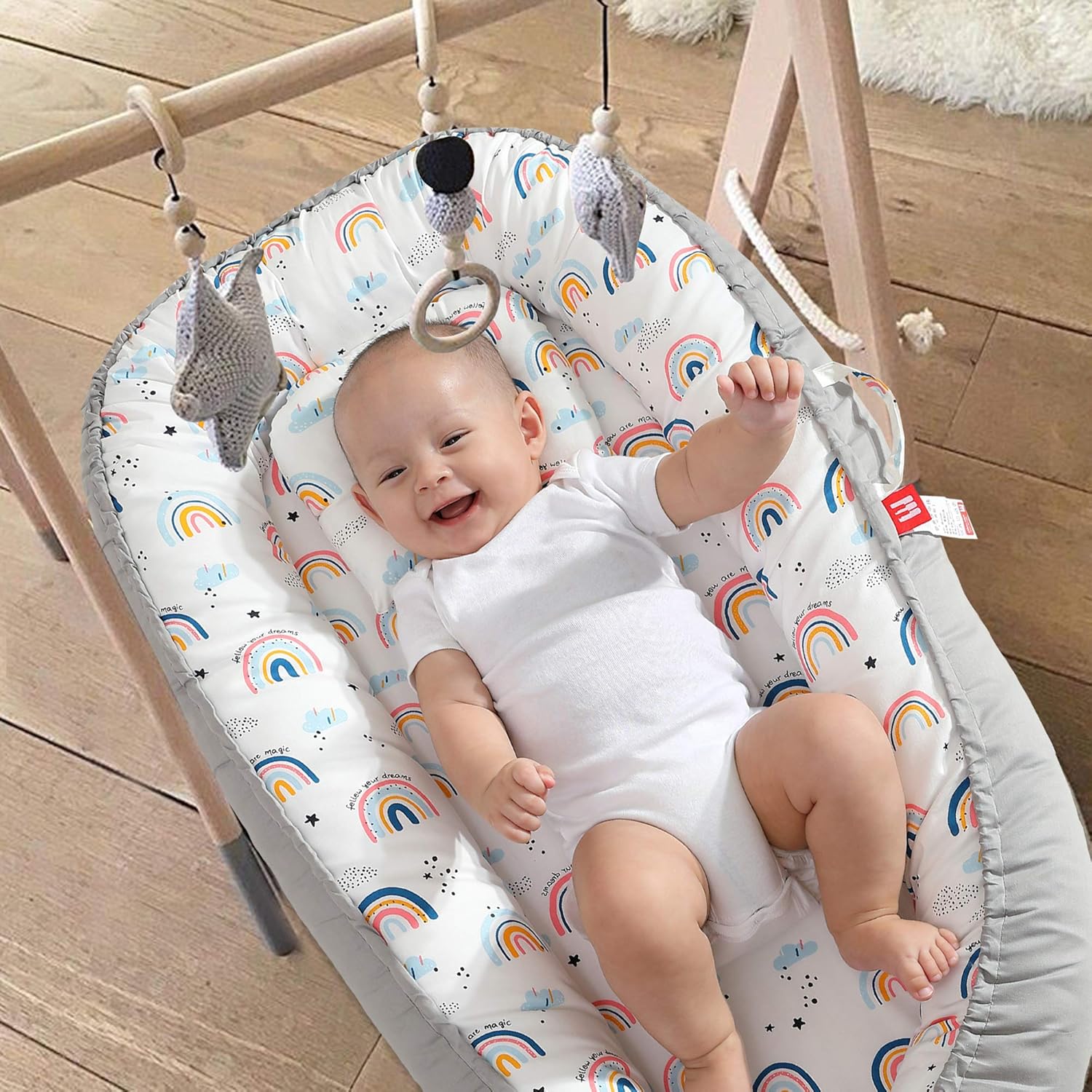 XMWEALTHY Baby Nest Pillow Soft Infant Lounger Pillow Newborn Portable Bed Co Sleeper for Baby Girls Crib & Bassinet Mattress, Rainbows: Baby