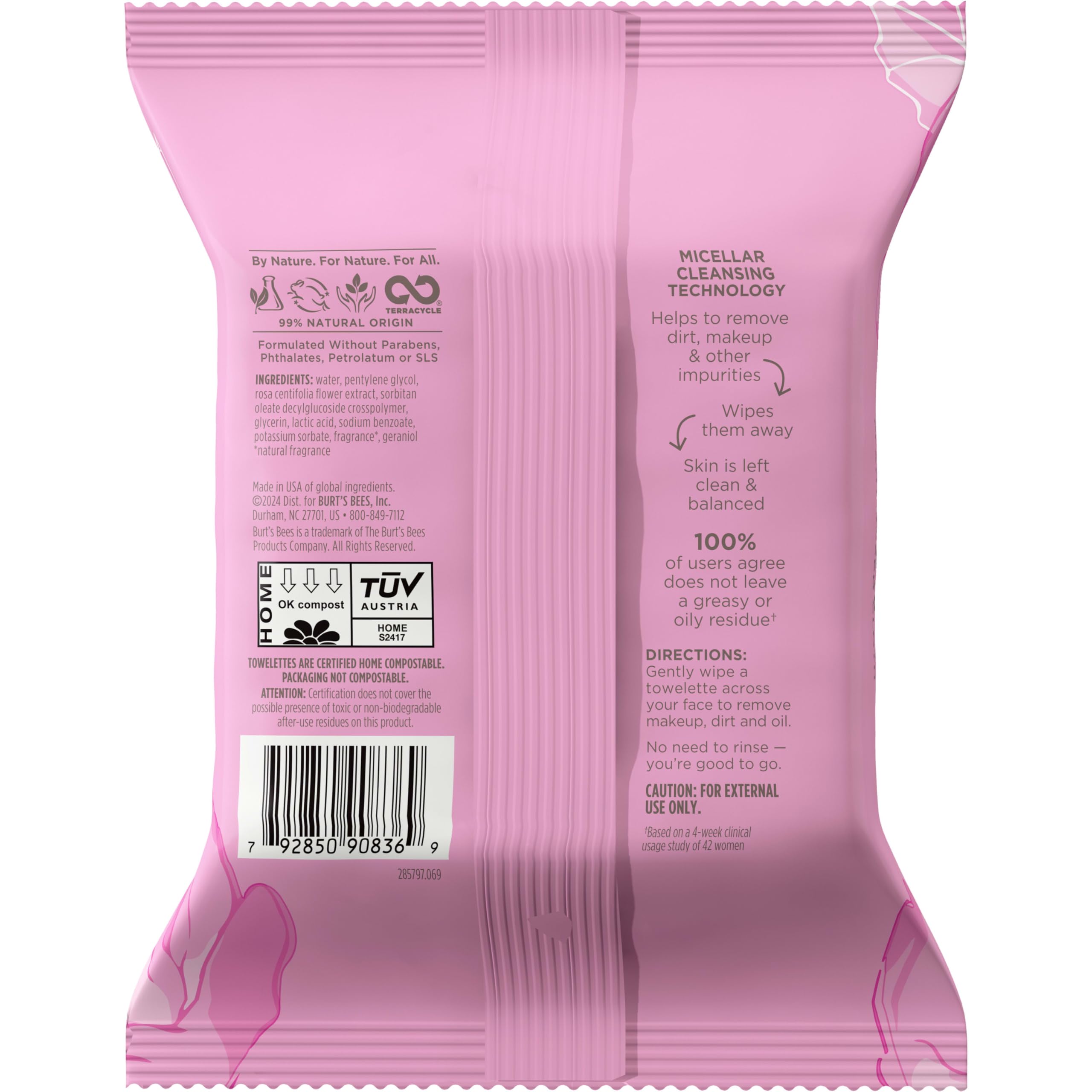 Burt’s Bees Micellar Rose Water Facial Towelettes, 100% Plant Based Cloth; 99% Natural Origin; Remove Makeup, Cleanse, Hydrate; No Greasy, Oily Residue; All Skin Types (Pack May Vary)