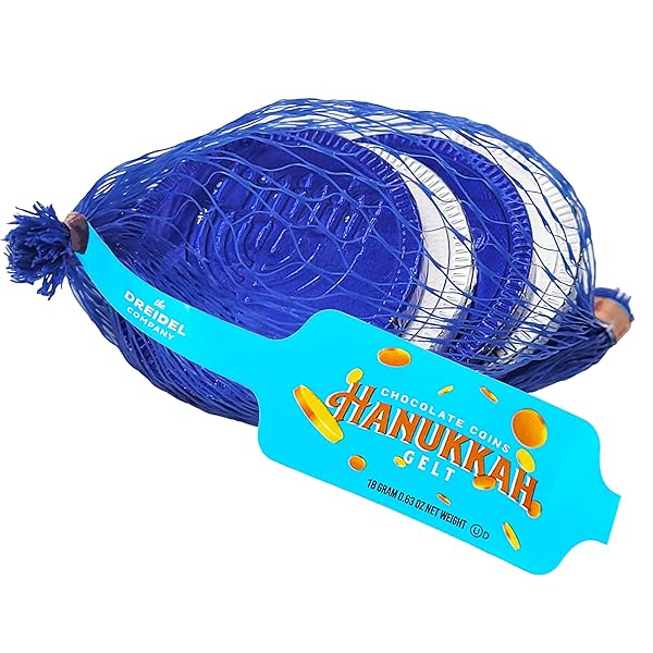 THE DREIDEL COMPANY 12-PACK BLUE & SILVER HANUKKAH MESH BAGS MILK CHOCOLATE COINS, HANUKKAH DESIGN GELT, NON GMO, KOSHER CERTIFIED OU-D