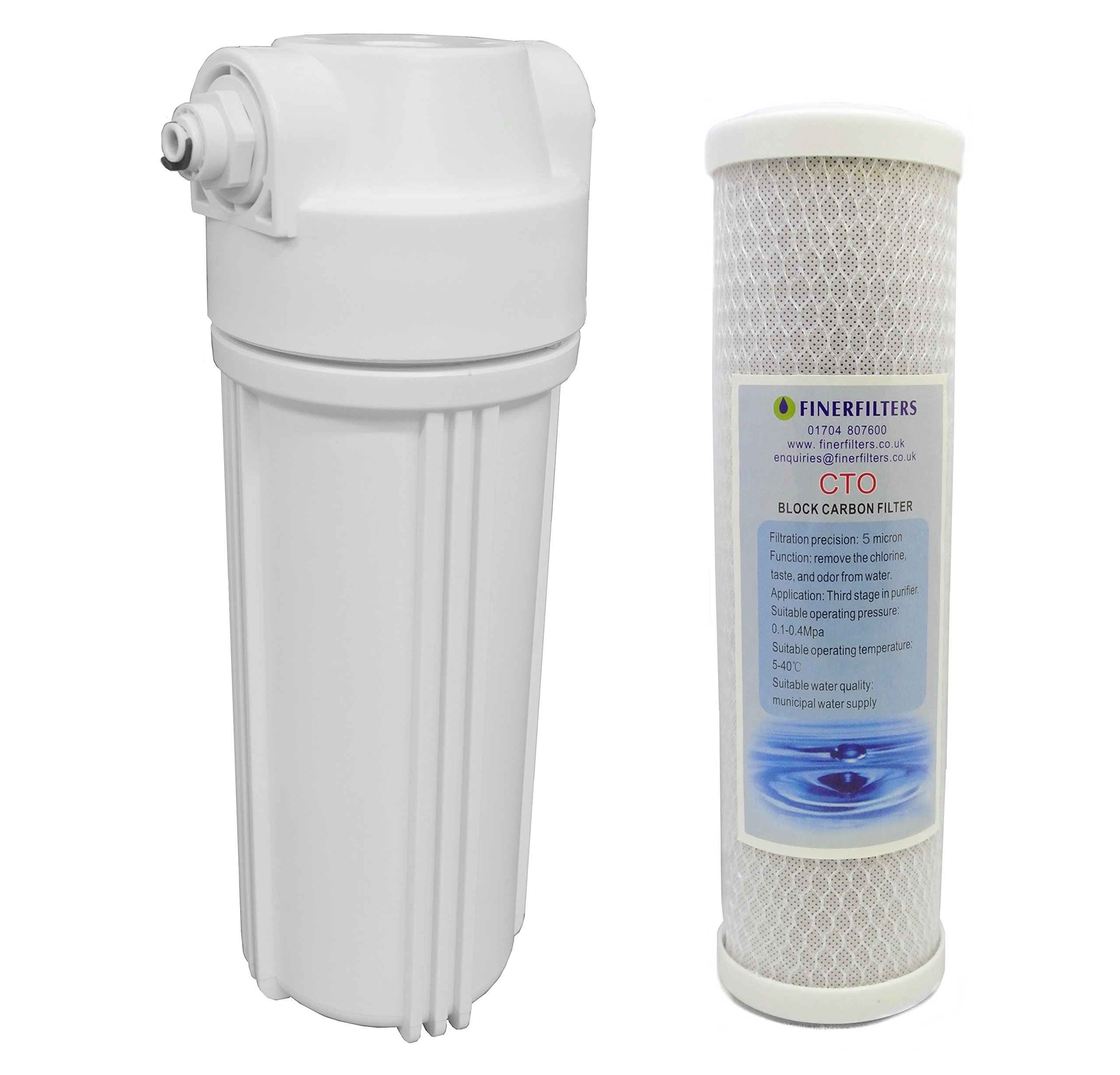 10" Standard White Filter Housing with ½” Female ports (Fittings incl for ¼” PF) and Carbon Block filter