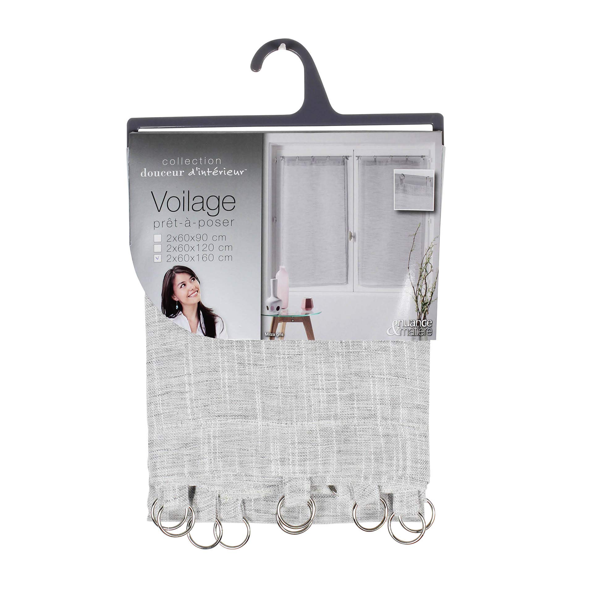 Douceur d'Intérieur Pair of Straight Milza Net Curtains 2 x 60 x 160 cm Grey