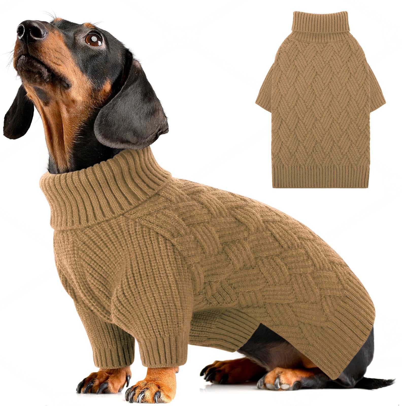 AOFITEE Small Dog Jumper, Turtleneck Jumpers for Small Dogs Male, Warm Dog Winter Jumper Girl Boy, Dogs Christmas Jumpers Sweater, Classic Cable Pet Sweaters Knitwear for Pug Dachshund (Brown S)