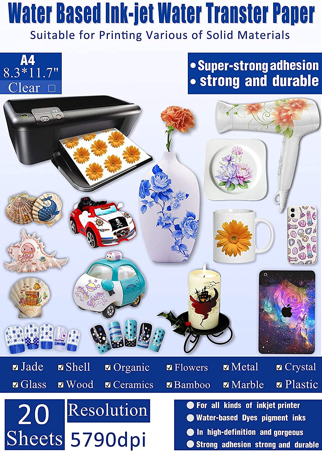 20 Sheets Decal Paper Inkjet Clear Premium Water Transfer Transparent Printable Water Slide Decals A4 Size