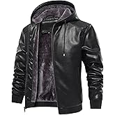 MANSDOUR Men's Faux Leather Jacket Warm Black Fleece Lined Motorcycle Bomber Jacket with Hood