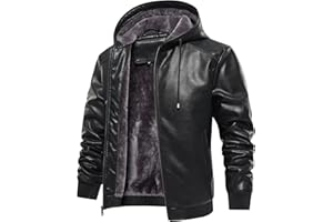 MANSDOUR Men's Faux Leather Jacket Warm Black Fleece Lined Motorcycle Bomber Jacket with Hood