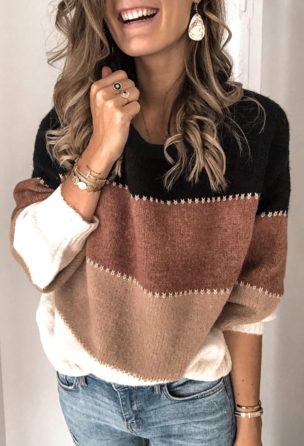 Angashion Women's Sweaters Casual Long Sleeve Crewneck Color Block Patchwork Pullover Knit Sweater Tops: Clothing