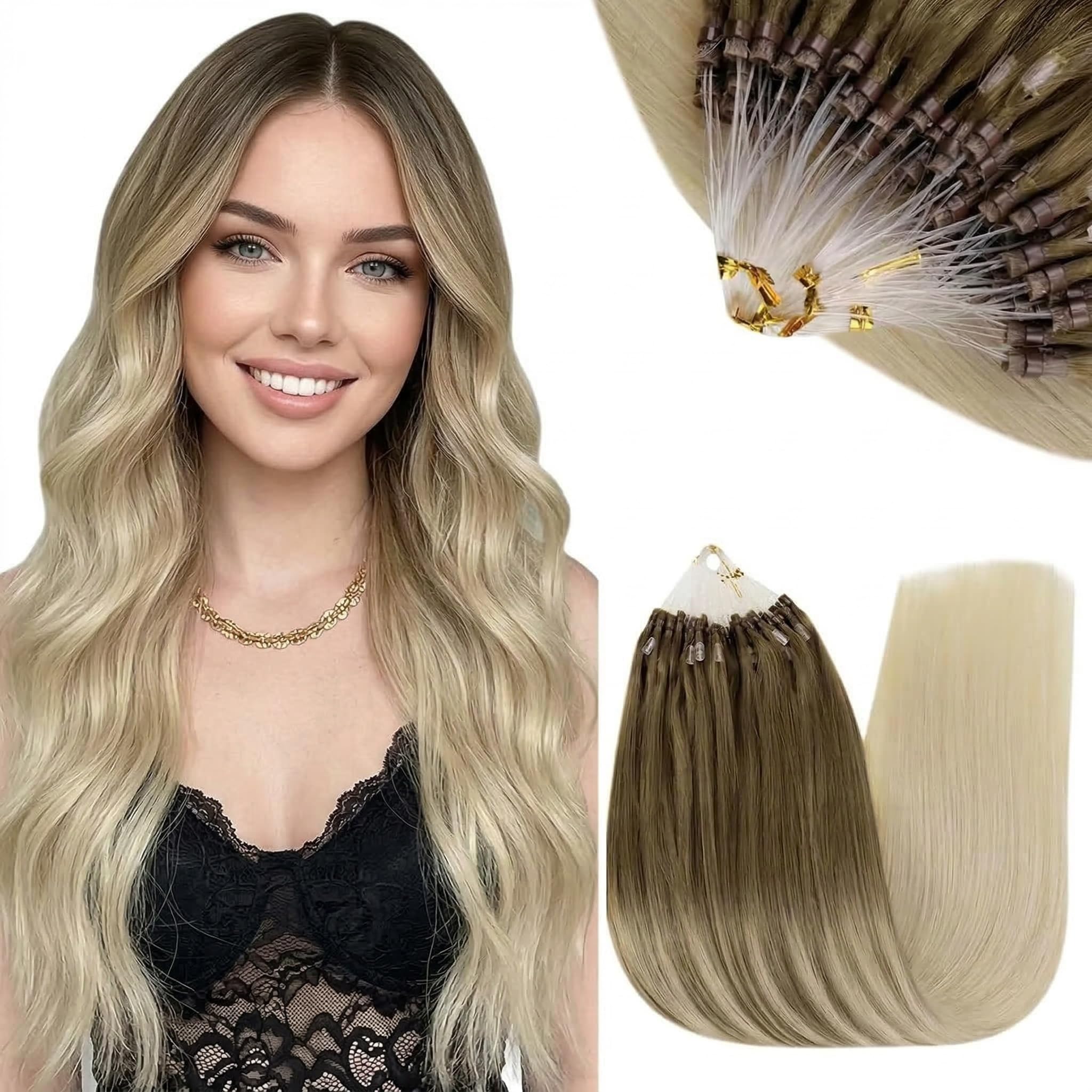 RUNATURE Micro Loop Hair Extensions Balayage Blonde Micro Beads Hair Extensions Real Hair Blonde Ombre Micro Ring Hair Extensions Human Hair 22 Inch 50g 1g/Strand — image 1