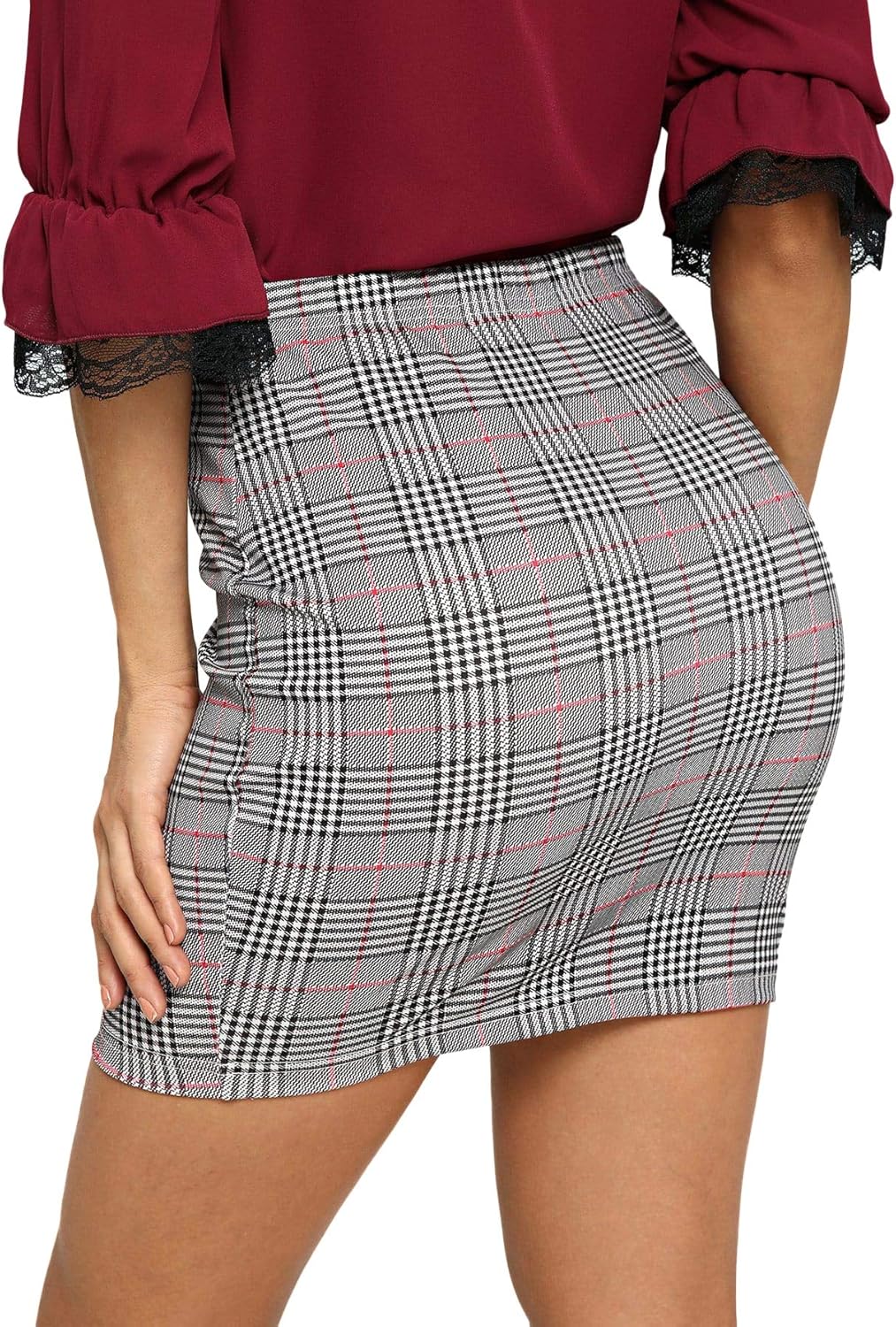 SheIn Women's Basic Stretch Plaid Mini Bodycon Pencil Skirt: Clothing